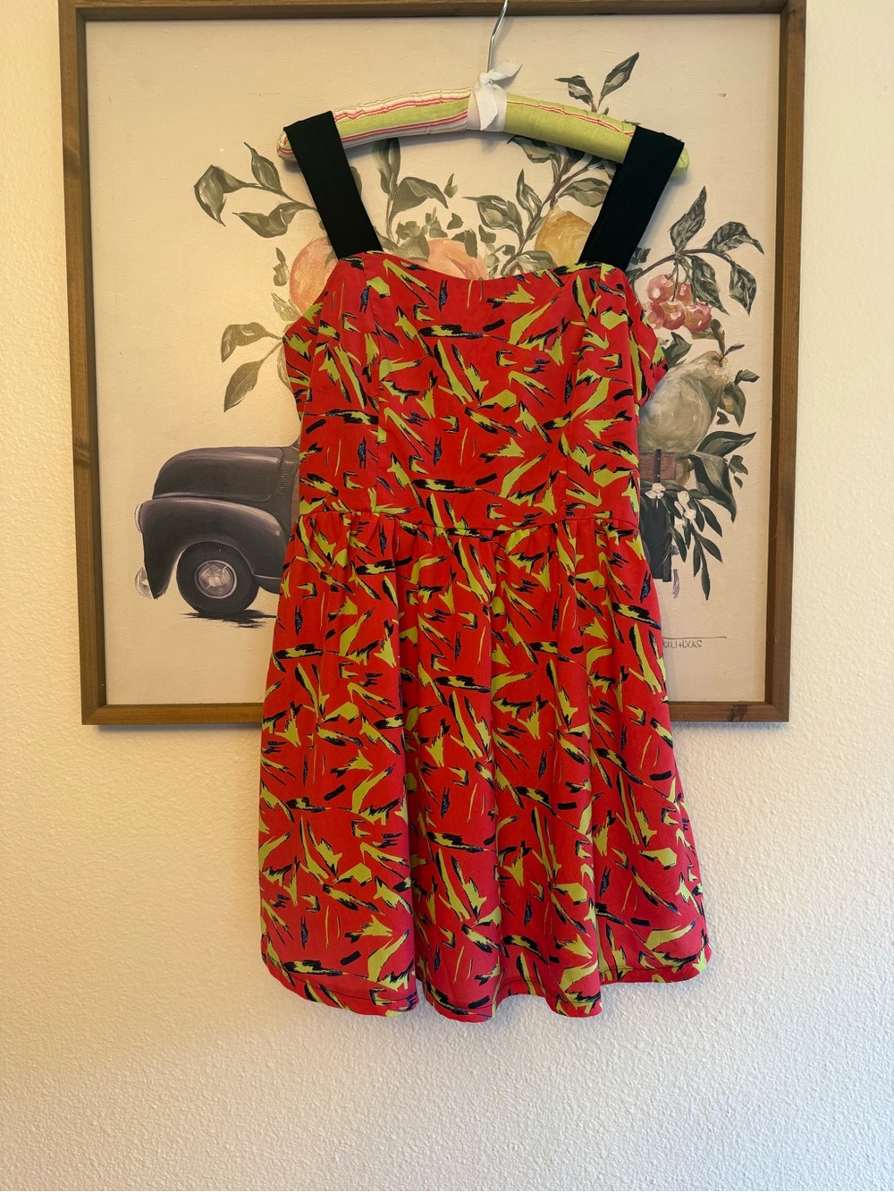 VTG Y2K Red & Green Geometric Print Sundress with Black Straps - L